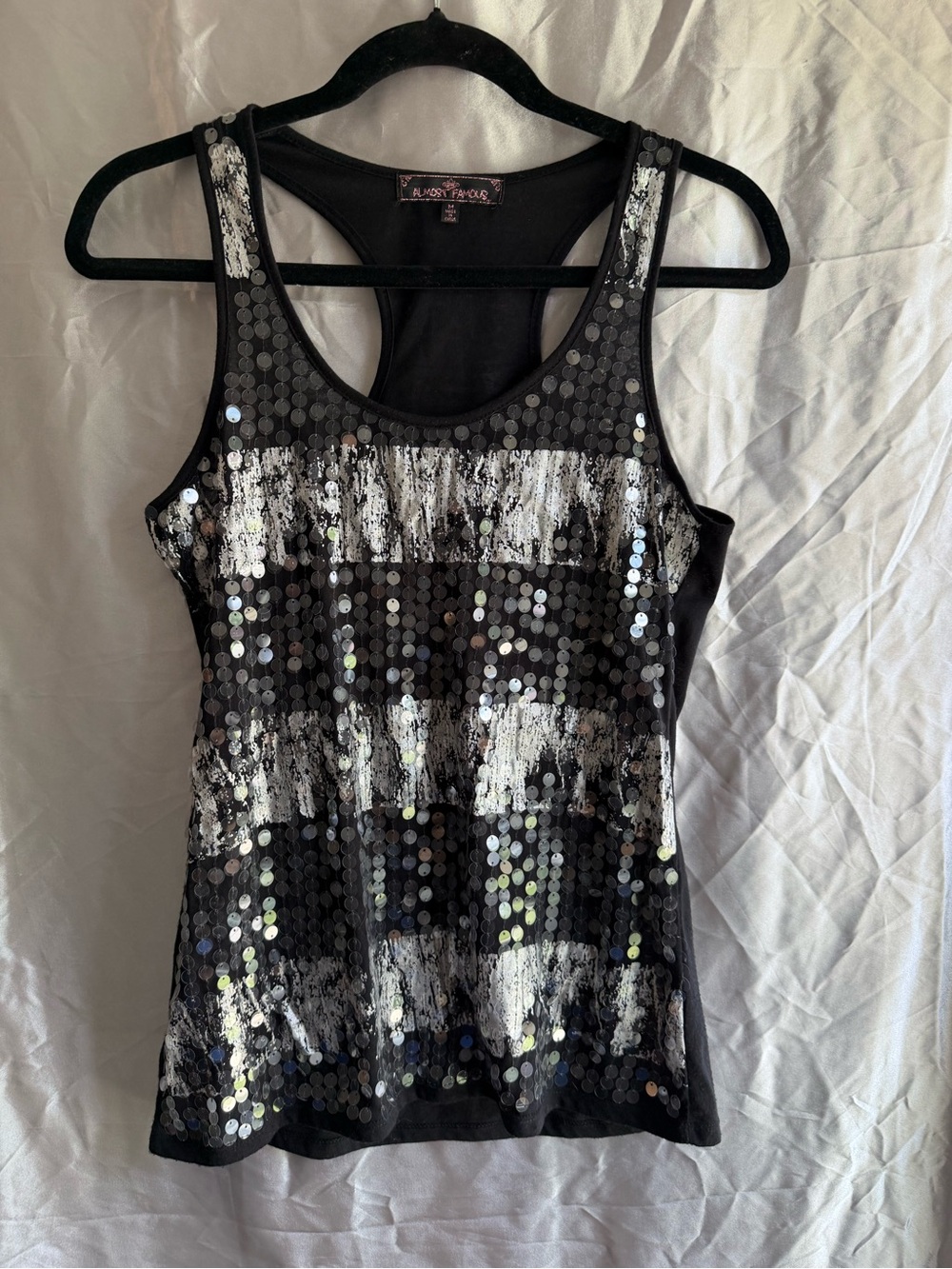 Y2K Almost Famous Black Sequin Racerback Tank Top Size Medium